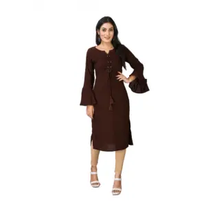 Women's Casual Full Sleeve Viscose Rayon Printed Kurti (Brown)