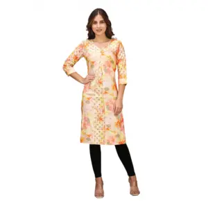 Women's Casual 3/4 Sleeve Viscose Rayon Printed Kurti (Orange)