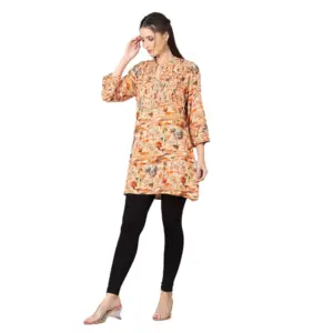 Women's Casual 3/4 Sleeve Viscose Rayon Printed Kurti (Orange)