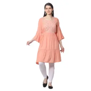 Women's Casual 3/4 Sleeve Viscose Rayon Printed Kurti (Orange)