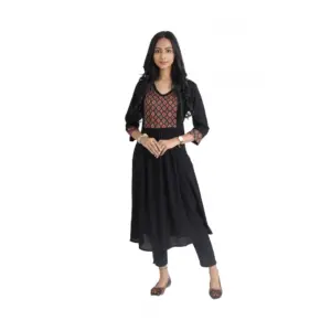 Women's Casual 3/4 Sleeve Viscose Rayon Printed Kurti (Black)