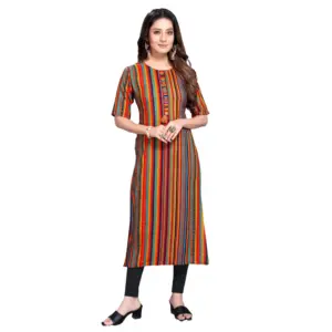 Women's Casual 3/4 Sleeve Viscose Rayon Strip Kurti (Multicolor)