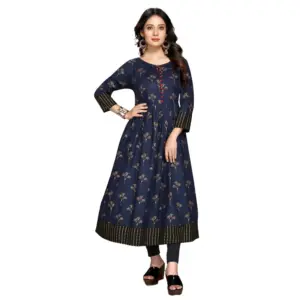 Women's Casual 3/4 Sleeve Viscose Rayon Printed Kurti (Dark Blue)