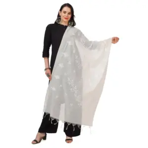 Women's Cotton Embroidered Dupatta (White, Length:?2.25 to 2.50 Mtr)