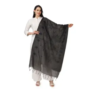 Women's Cotton Embroidered Dupatta (Black, Length:?2.25 to 2.50 Mtr)