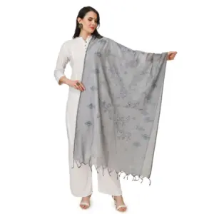 Women's Cotton Embroidered Dupatta (Grey, Length:?2.25 to 2.50 Mtr)