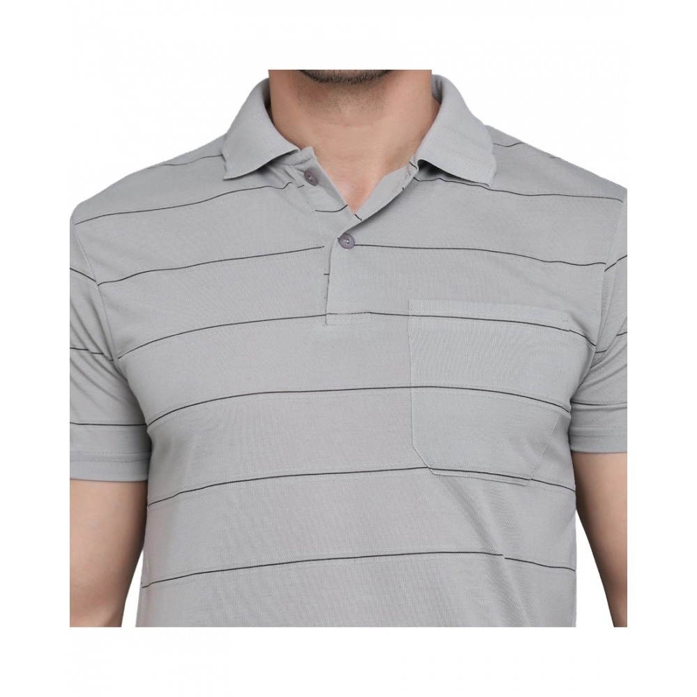 Men's?Casual Half Sleeve Striped Cotton Blended Polo Neck T-shirt (L.Grey) - Image 3