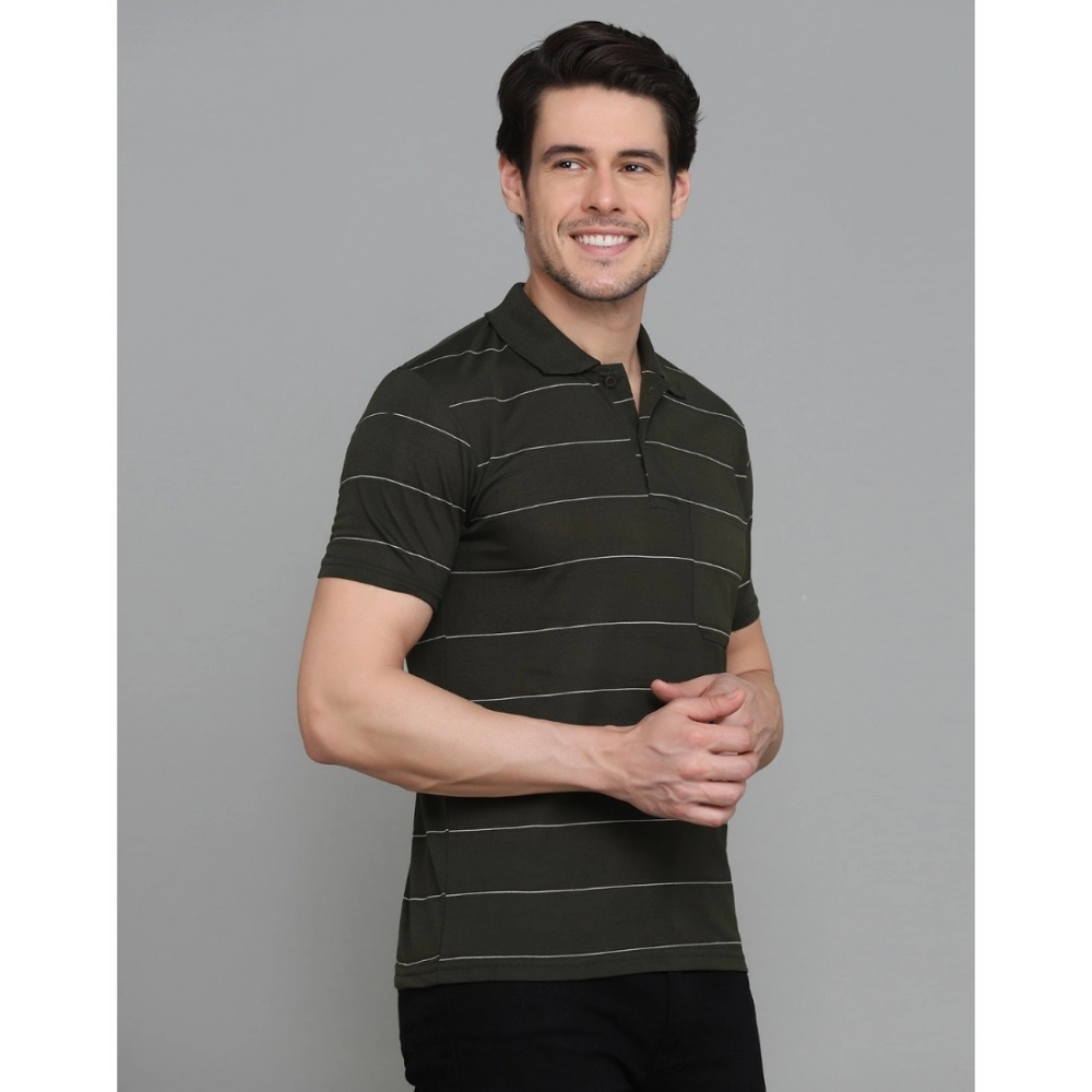 Men's?Casual Half Sleeve Striped Cotton Blended Polo Neck T-shirt (Green) - Image 4