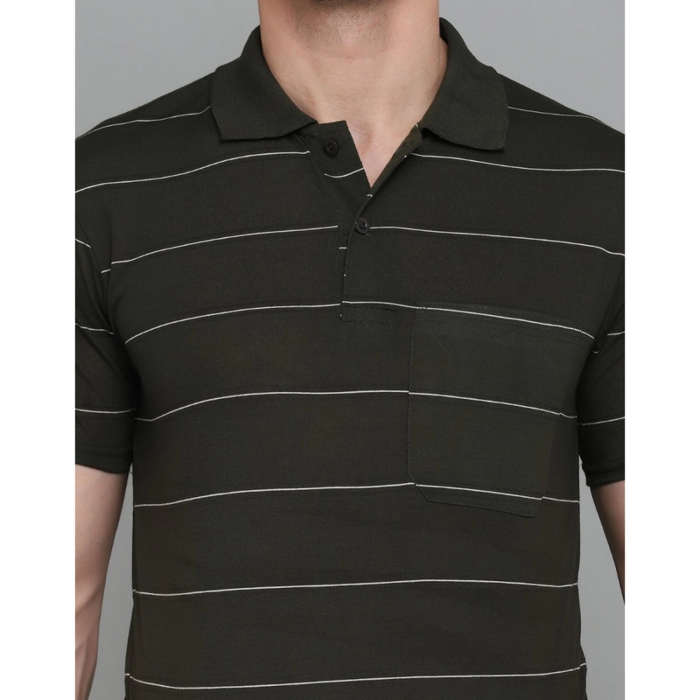 Men's?Casual Half Sleeve Striped Cotton Blended Polo Neck T-shirt (Green) - Image 3