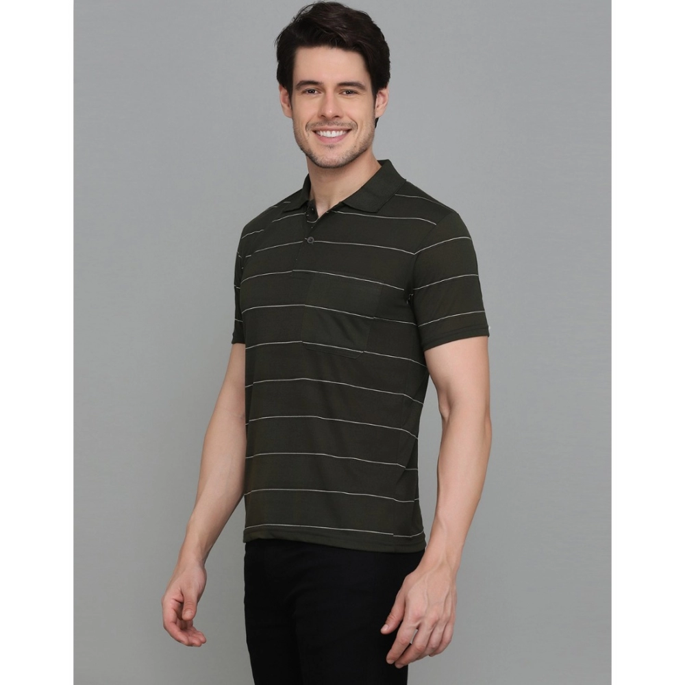 Men's?Casual Half Sleeve Striped Cotton Blended Polo Neck T-shirt (Green) - Image 5