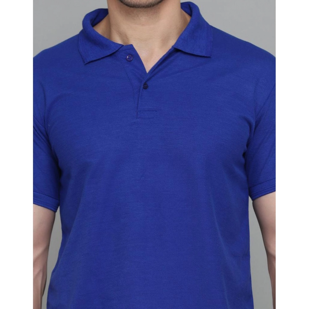 Men's?Casual Half Sleeve Solid Cotton Blended Polo Neck T-shirt (Blue) - Image 3