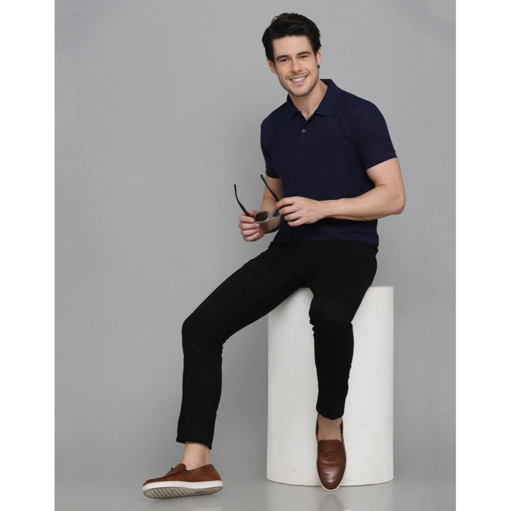 Men's?Casual Half Sleeve Solid Cotton Blended Polo Neck T-shirt (Navy Blue) - Image 2