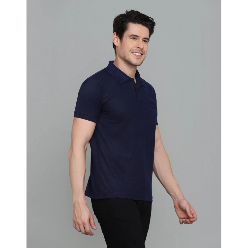 Men's?Casual Half Sleeve Solid Cotton Blended Polo Neck T-shirt (Navy Blue) - Image 5