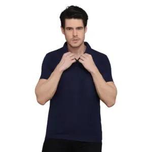Men's?Casual Half Sleeve Solid Cotton Blended Polo Neck T-shirt (Navy Blue)