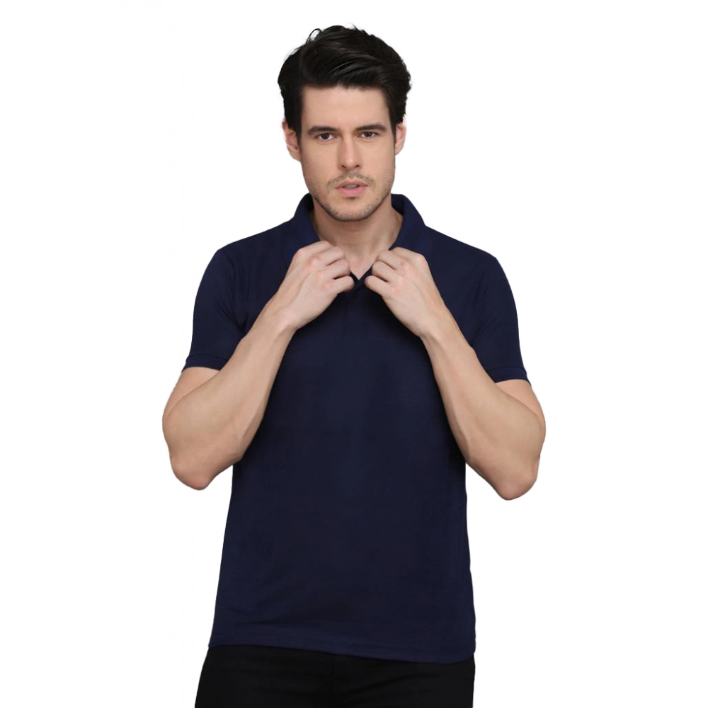 Men's?Casual Half Sleeve Solid Cotton Blended Polo Neck T-shirt (Navy Blue)