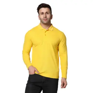 Men's?Casual Full Sleeve Solid Cotton Blended Polo Neck T-shirt (Yellow)