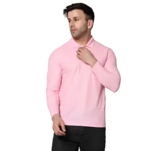 Men's?Casual Full Sleeve Solid Cotton Blended Polo Neck T-shirt (Pink)