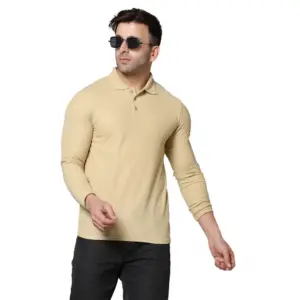 Men's?Casual Full Sleeve Solid Cotton Blended Polo Neck T-shirt (Beige)