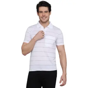 Men's?Casual Half Sleeve Striped Cotton Blended Polo Neck T-shirt (White)