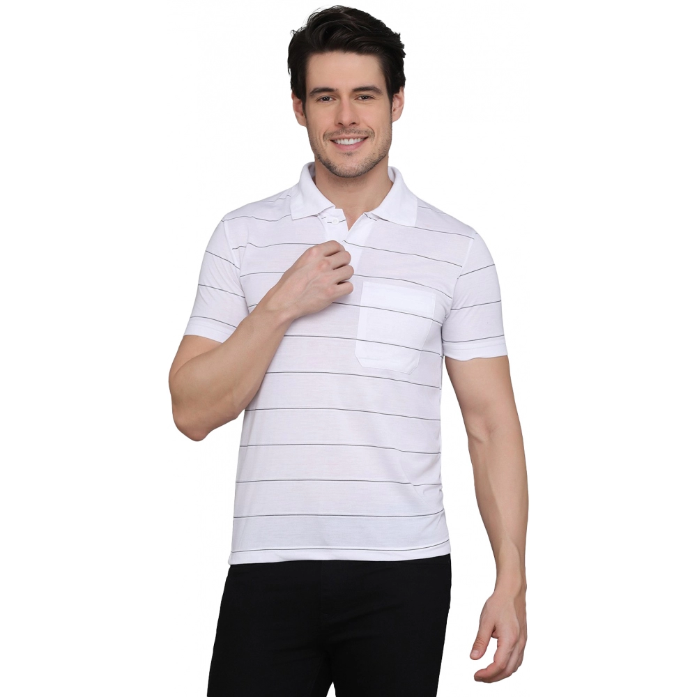 Men's?Casual Half Sleeve Striped Cotton Blended Polo Neck T-shirt (White)
