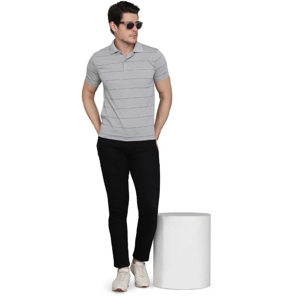 Men's?Casual Half Sleeve Striped Cotton Blended Polo Neck T-shirt (L.Grey) - Image 2