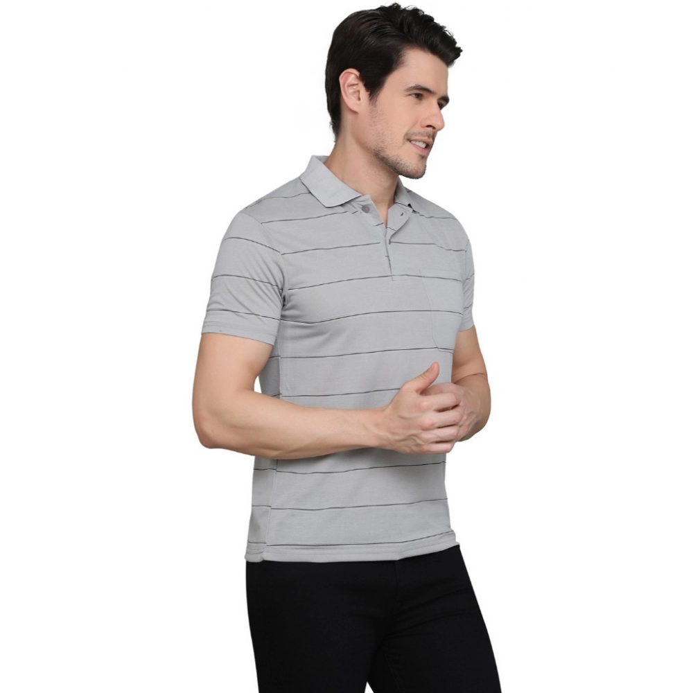 Men's?Casual Half Sleeve Striped Cotton Blended Polo Neck T-shirt (L.Grey) - Image 4