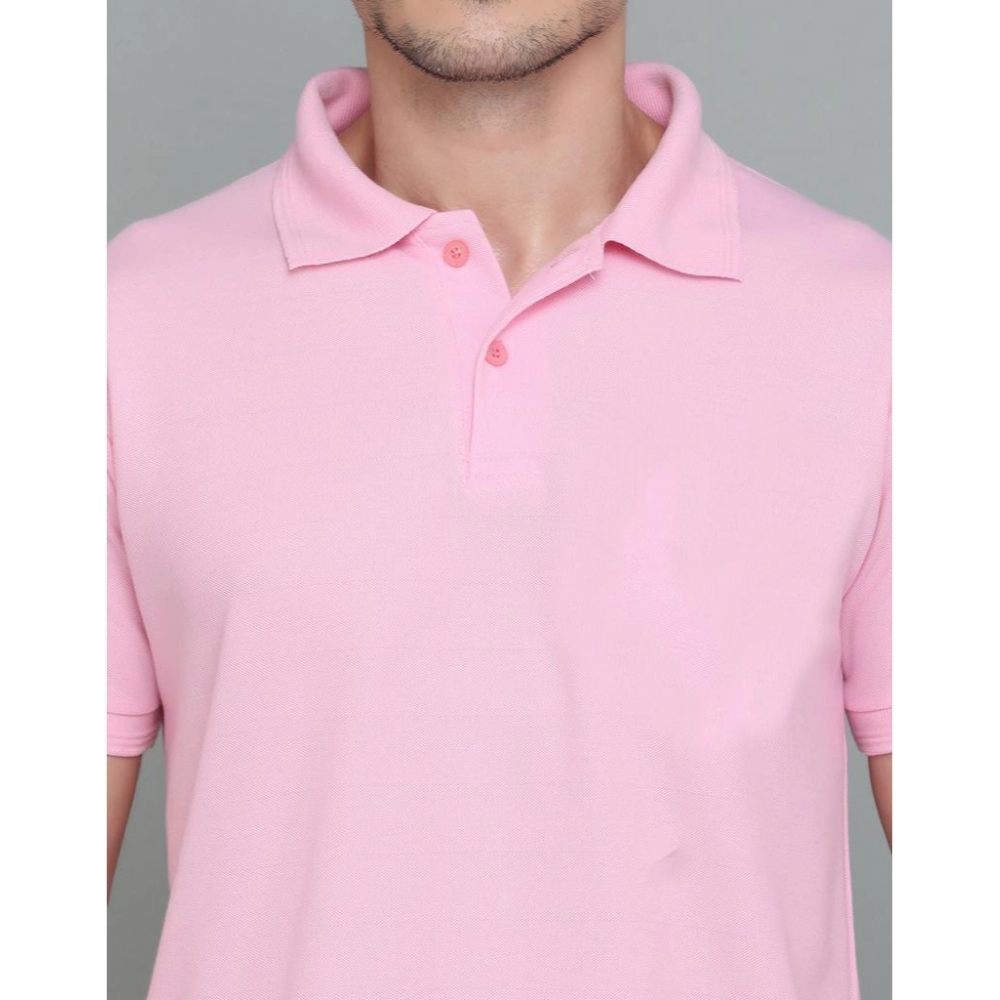 Men's?Casual Half Sleeve Solid Cotton Blended Polo Neck T-shirt (Pink) - Image 3