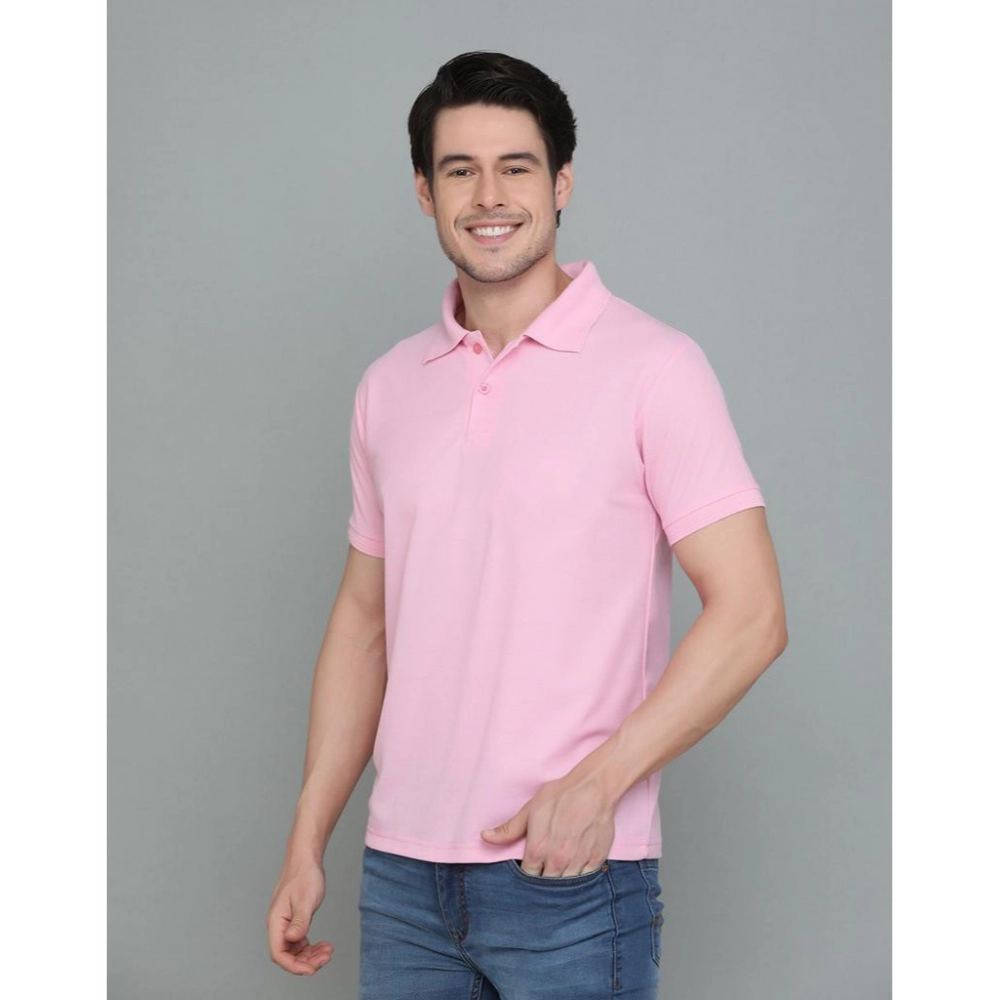 Men's?Casual Half Sleeve Solid Cotton Blended Polo Neck T-shirt (Pink) - Image 5