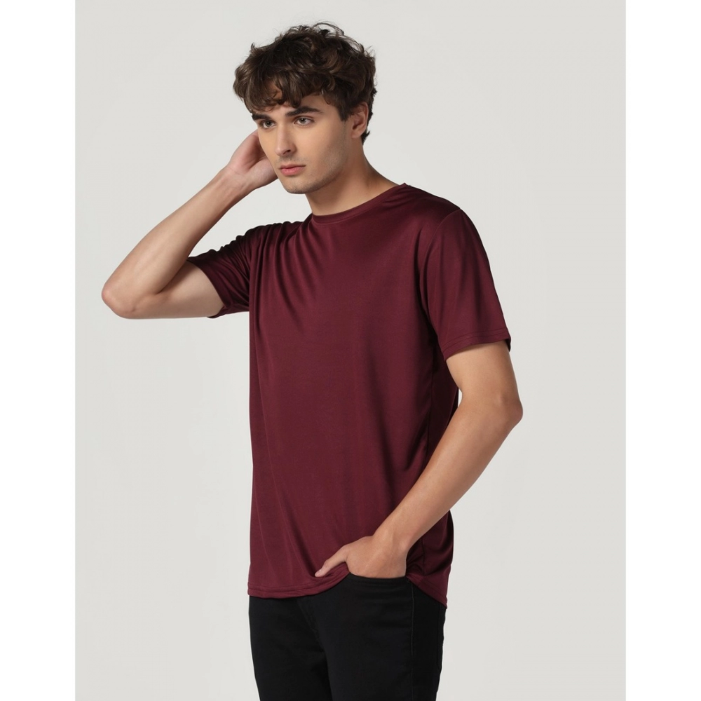 Men's?Casual Half Sleeve Solid Polyester Round Neck T-shirt (Maron) - Image 4