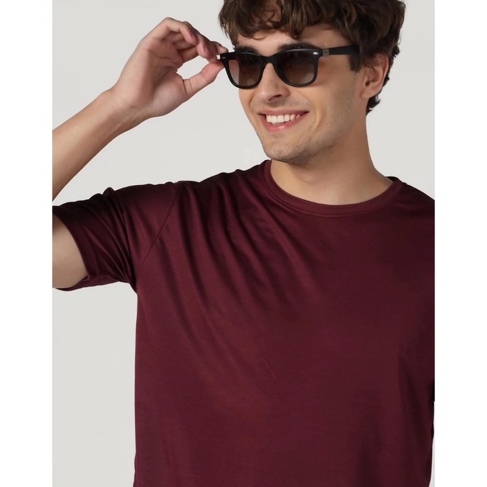 Men's?Casual Half Sleeve Solid Polyester Round Neck T-shirt (Maron) - Image 3