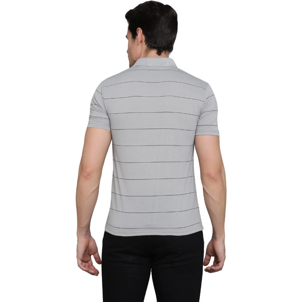 Men's?Casual Half Sleeve Striped Cotton Blended Polo Neck T-shirt (L.Grey) - Image 7