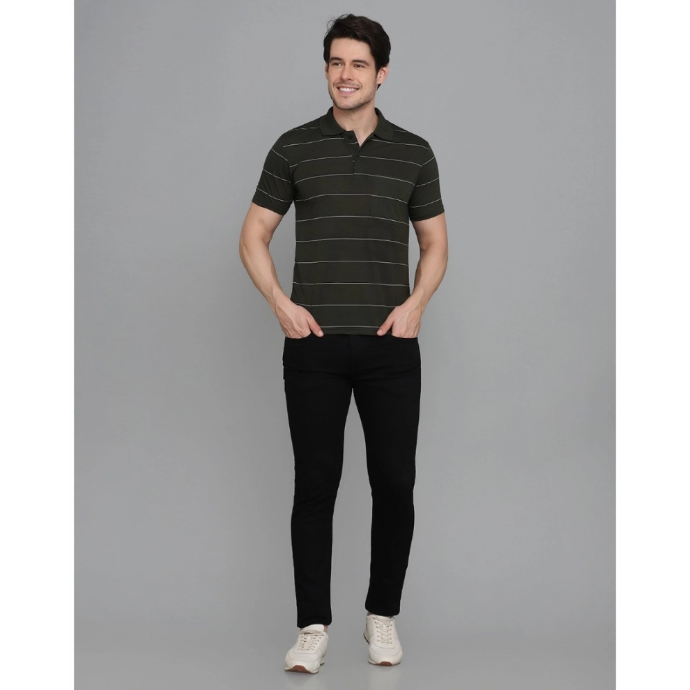 Men's?Casual Half Sleeve Striped Cotton Blended Polo Neck T-shirt (Green) - Image 2