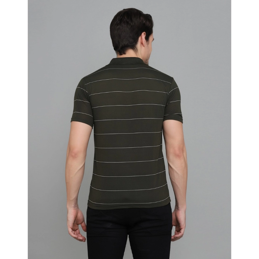 Men's?Casual Half Sleeve Striped Cotton Blended Polo Neck T-shirt (Green) - Image 7