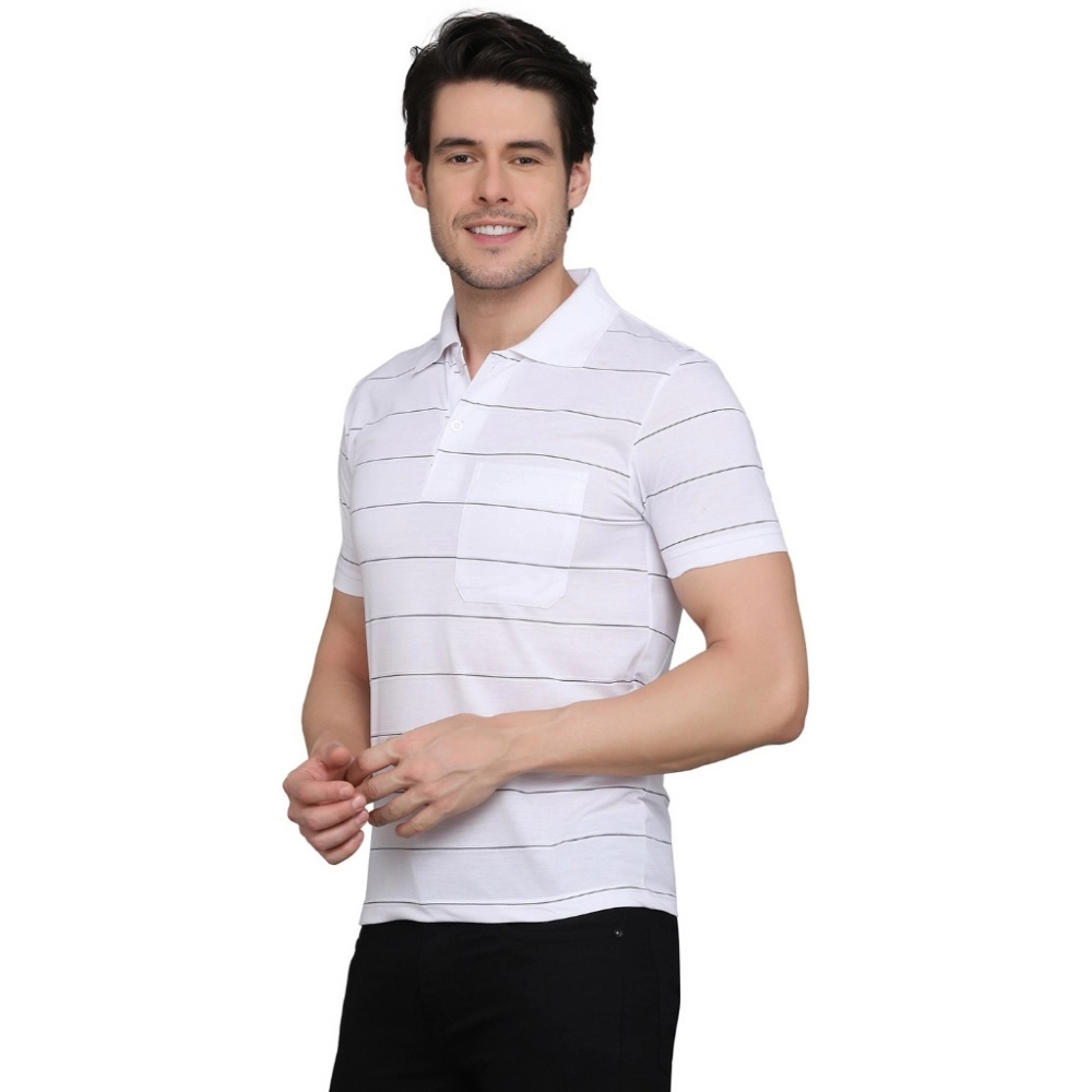 Men's?Casual Half Sleeve Striped Cotton Blended Polo Neck T-shirt (White) - Image 5