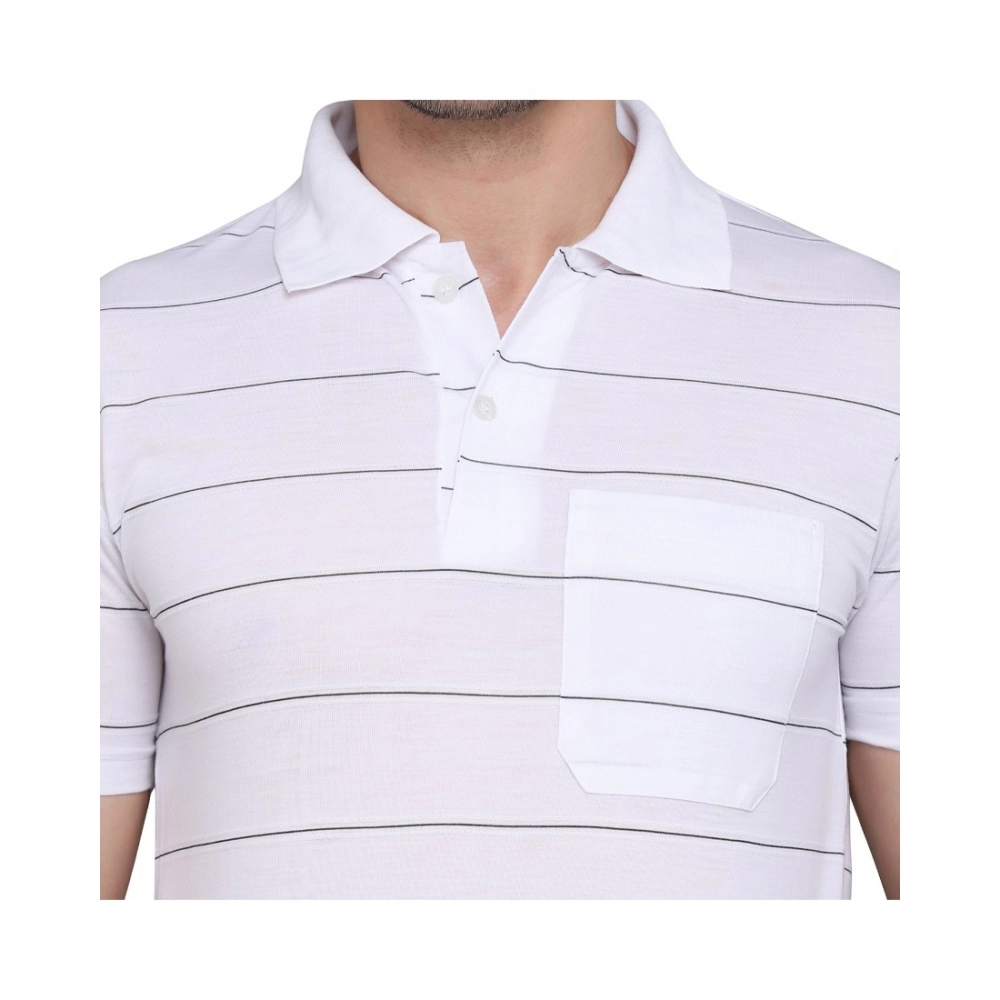 Men's?Casual Half Sleeve Striped Cotton Blended Polo Neck T-shirt (White) - Image 3