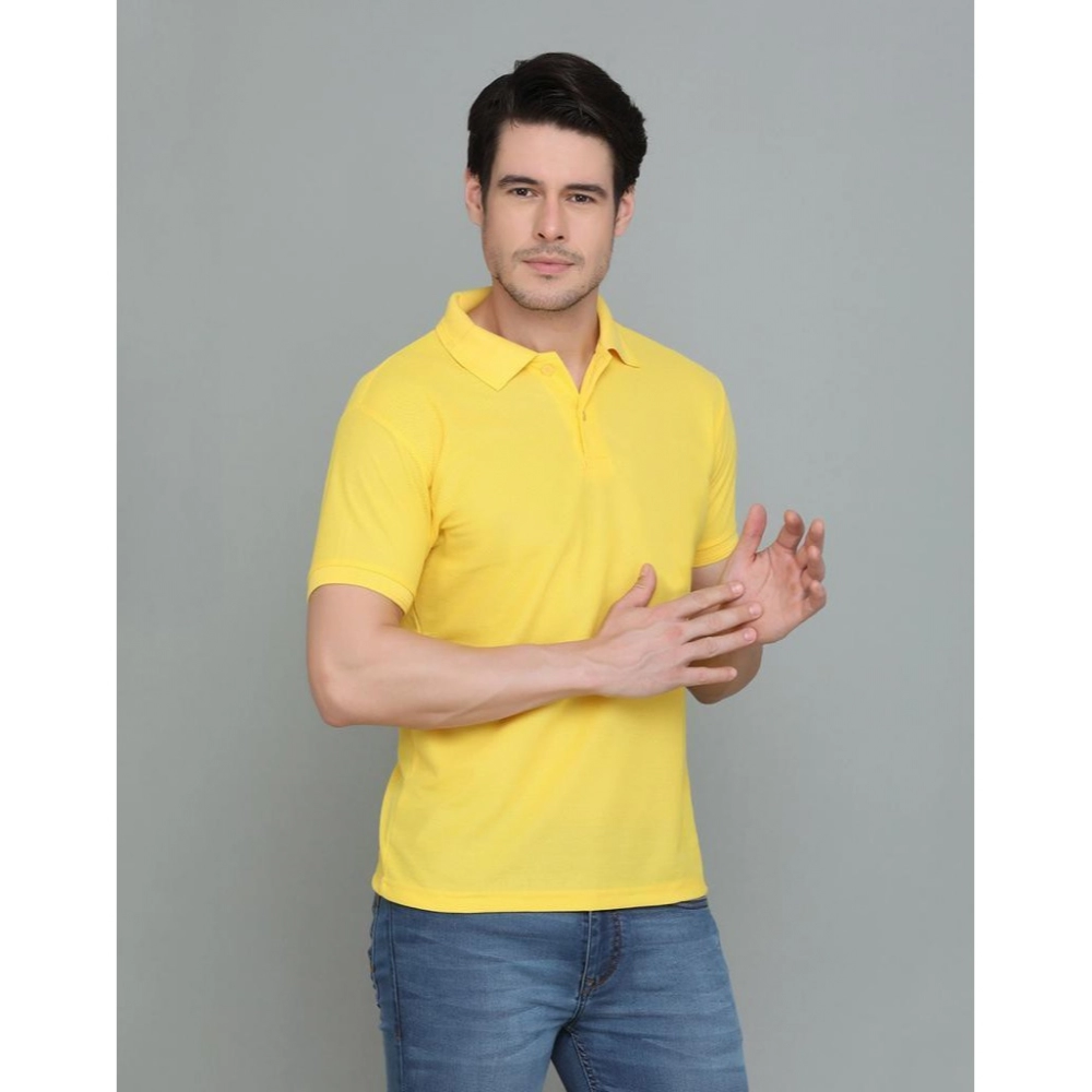 Men's?Casual Half Sleeve Solid Cotton Blended Polo Neck T-shirt (Yellow) - Image 4