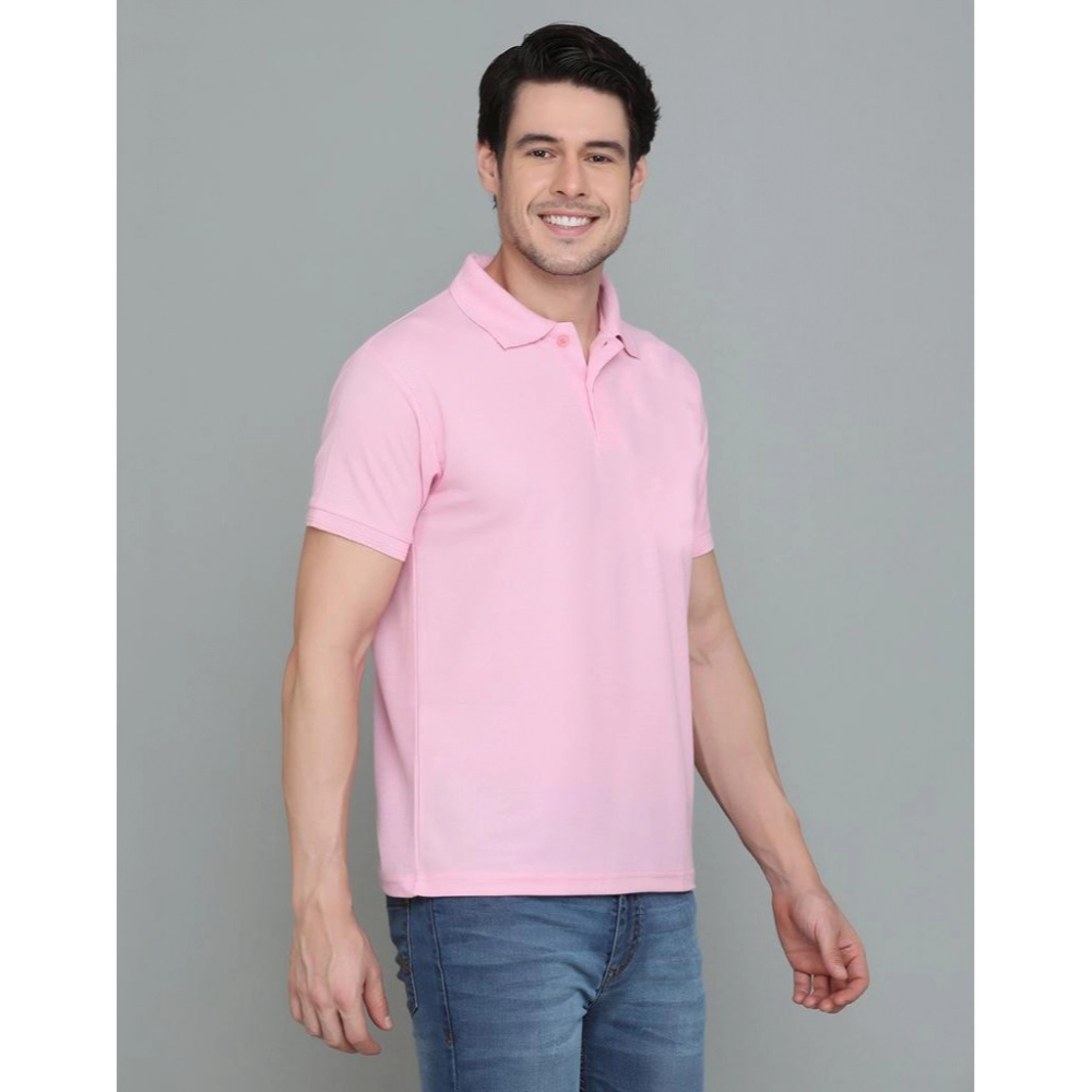 Men's?Casual Half Sleeve Solid Cotton Blended Polo Neck T-shirt (Pink) - Image 4