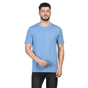 Men's?Casual Half Sleeve Solid Cotton Blended Round Neck T-shirt (Sky)