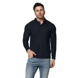 Men's?Casual Full Sleeve Solid Cotton Blended Polo Neck T-shirt (Navy)