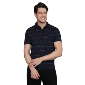 Men's?Casual Half Sleeve Striped Cotton Blended Polo Neck T-shirt (Navy)