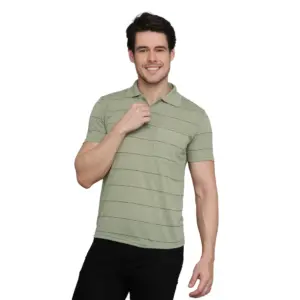 Men's?Casual Half Sleeve Striped Cotton Blended Polo Neck T-shirt (L.Green)