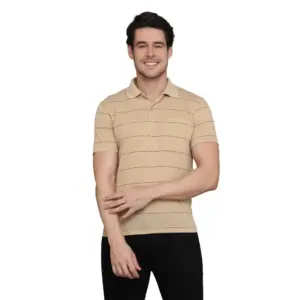 Men's?Casual Half Sleeve Striped Cotton Blended Polo Neck T-shirt (L.Beige)