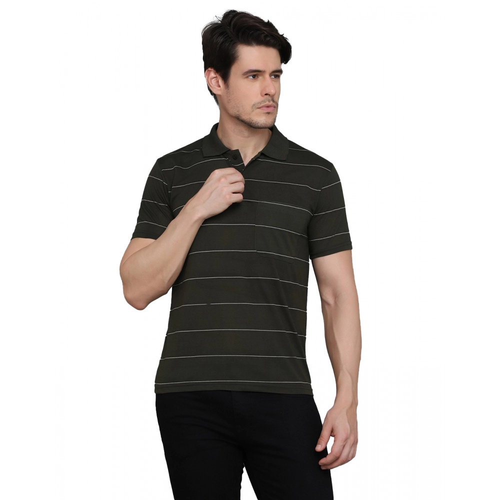 Men's?Casual Half Sleeve Striped Cotton Blended Polo Neck T-shirt (Green)