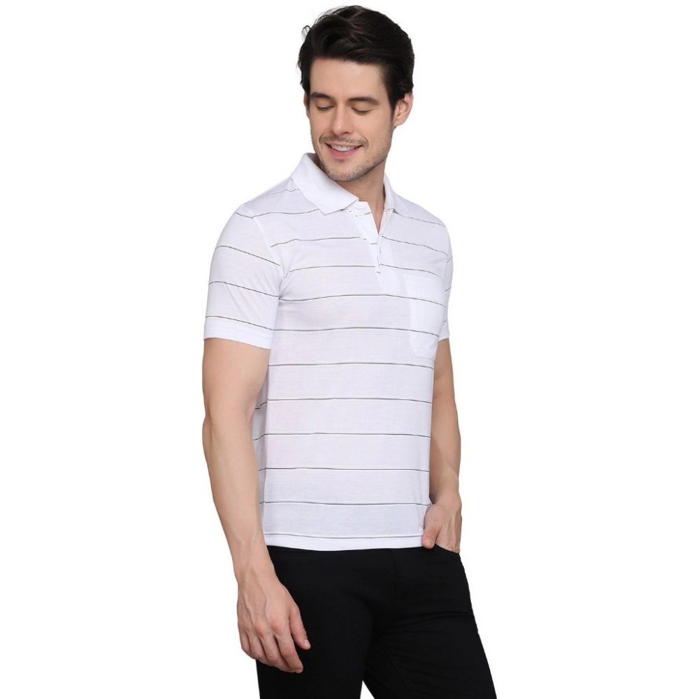Men's?Casual Half Sleeve Striped Cotton Blended Polo Neck T-shirt (White) - Image 4