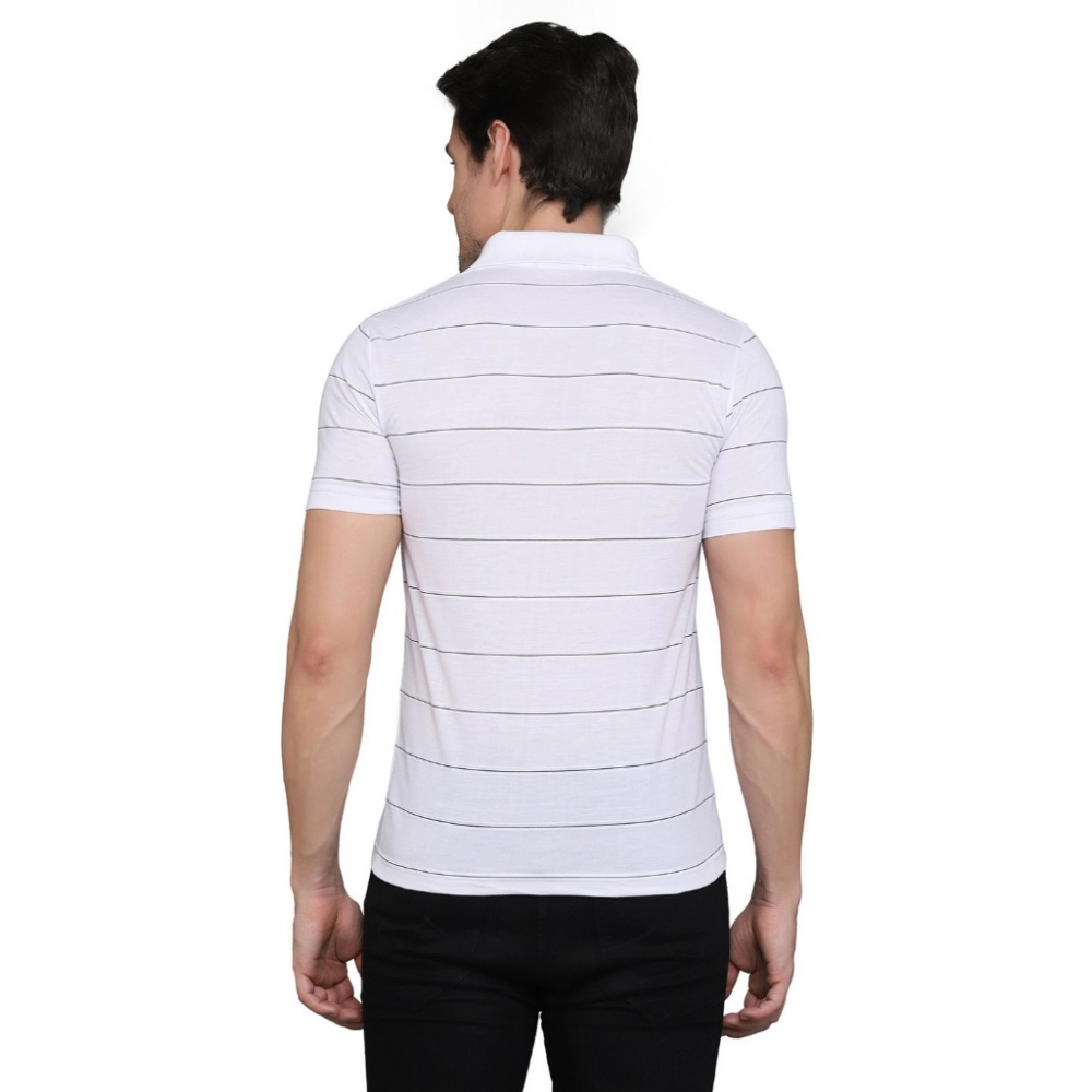 Men's?Casual Half Sleeve Striped Cotton Blended Polo Neck T-shirt (White) - Image 7
