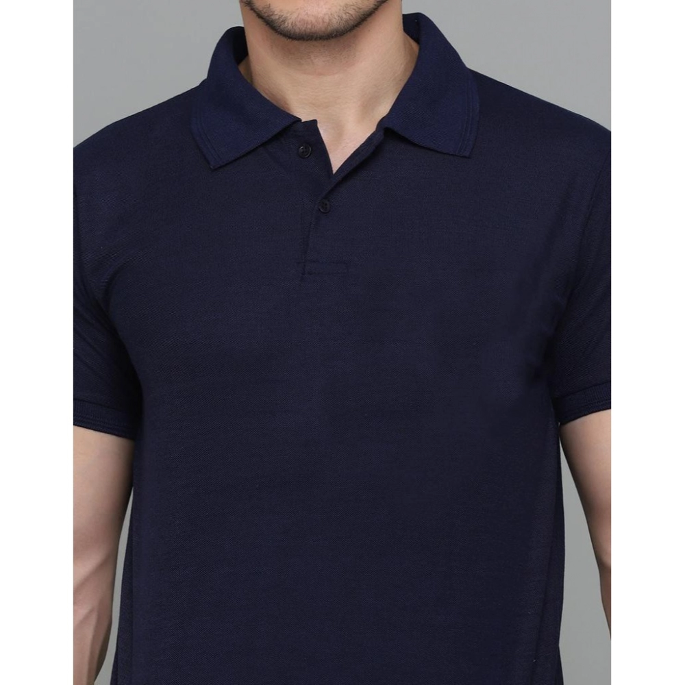 Men's?Casual Half Sleeve Solid Cotton Blended Polo Neck T-shirt (Navy Blue) - Image 3