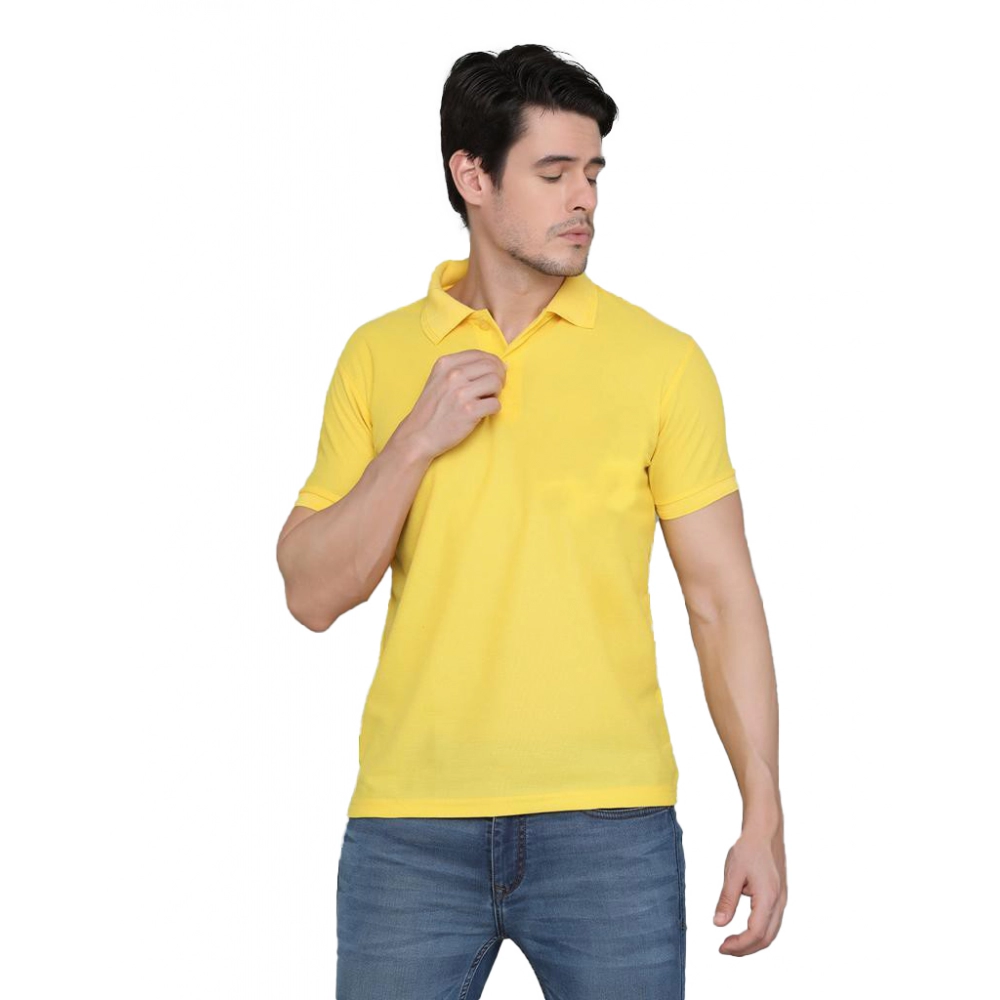 Men's?Casual Half Sleeve Solid Cotton Blended Polo Neck T-shirt (Yellow)
