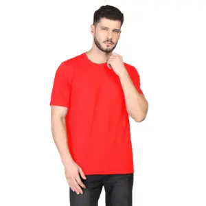 Men's?Casual Half Sleeve Solid Cotton Blended Round Neck T-shirt (Red)