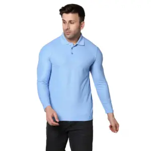 Men's?Casual Full Sleeve Solid Cotton Blended Polo Neck T-shirt (Sky)