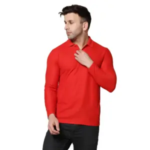 Men's?Casual Full Sleeve Solid Cotton Blended Polo Neck T-shirt (Red)